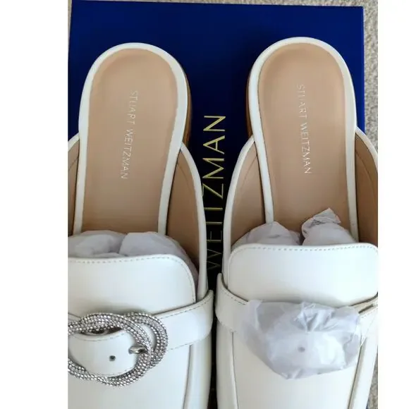 Stuart Weitzman White Crystal Buckle Leather Mules - Picture 3 of 8